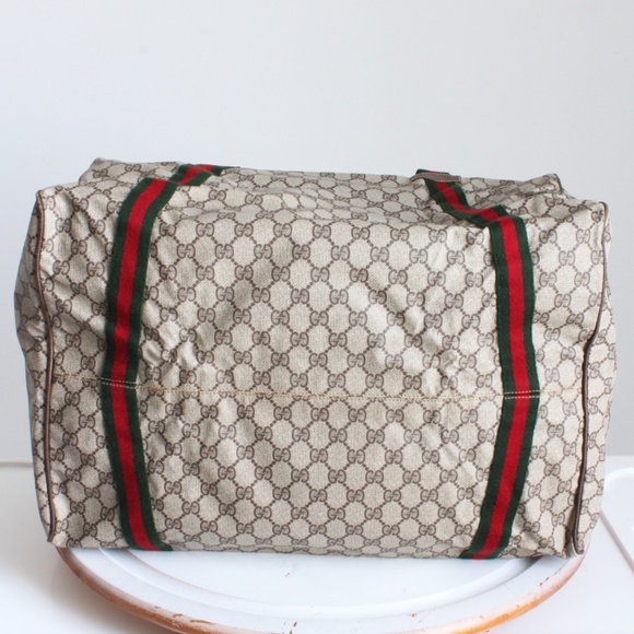 Gucci Duffle Bag GG Logo Canvas Brown Leather Trim Folding Travel Carry On 80s - Picture 12 of 15